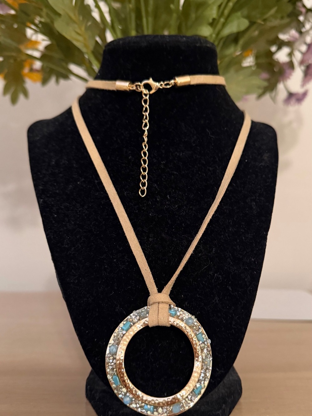 24” Long Gold-Tone Circle Pendant Necklace with Blue Crystal Accents